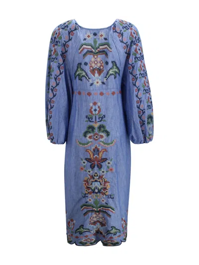 Farm Rio Blue Crew Neck Dress With Knot Closure And All-over Embroidery In Fabric Woman