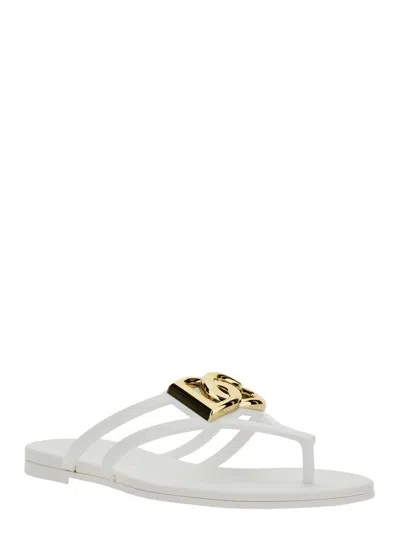 Dolce & Gabbana White Thong Sandals With Logo Plaque On The Front In Rubber Woman In Multi