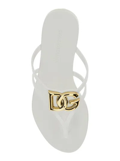 Dolce & Gabbana White Thong Sandals With Logo Plaque On The Front In Rubber Woman In Multi