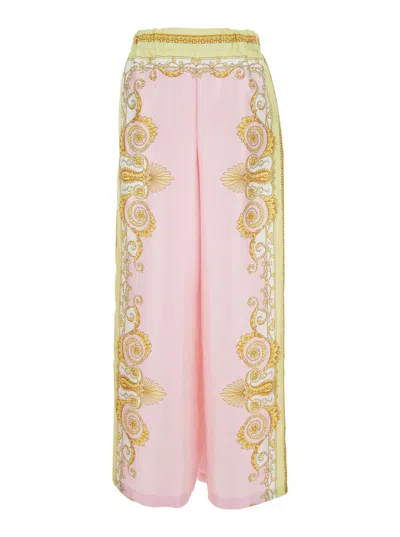Versace Multicolor Trousers With Elastic Waist And All-over Geometric Print In Silk Woman