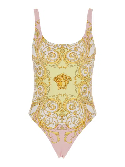 Versace Multicolor One-piece Swimsuit With All-over Medusa Print In Stretch Fabric Woman In Gold