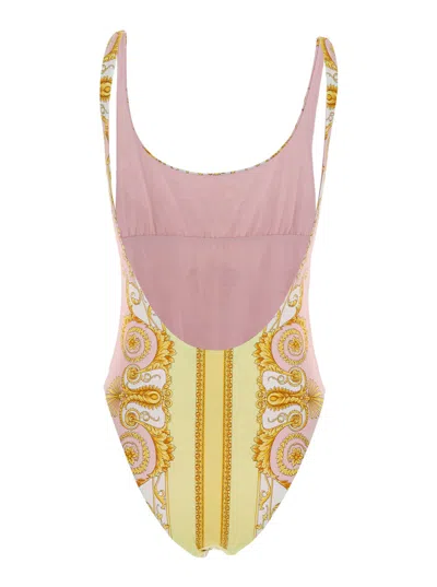 Versace Multicolor One-piece Swimsuit With All-over Medusa Print In Stretch Fabric Woman In Gold