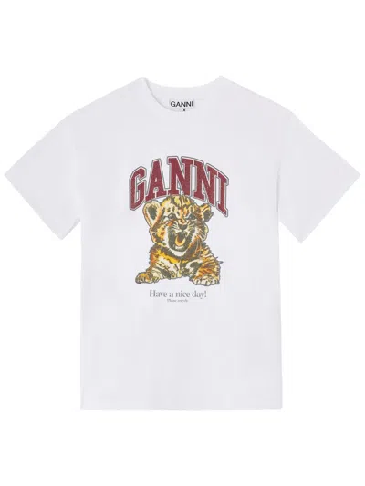 Ganni Womens Bright White Tiger-print Round-neck Cotton-jersey T-shirt Xl