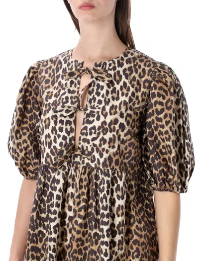 Ganni Brown Leopard Printed Cotton Tie String Minidress In 943 Leopard