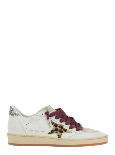 Golden Goose Ballstar White Low Top Sneakers With Glittered Star Patch On The Side And Glittered Heel With Logo L In Multi