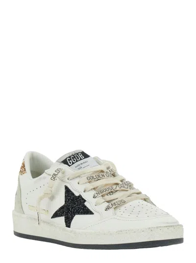 Golden Goose Ballstar White Low Top Sneakers With Glittered Star Patch On The Side And Glittered Heel With Logo L