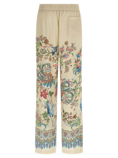 Etro Women White Pants With Elastic Drawstring Waist And All-over Floral Print In Tech Fabric Woman In Multi