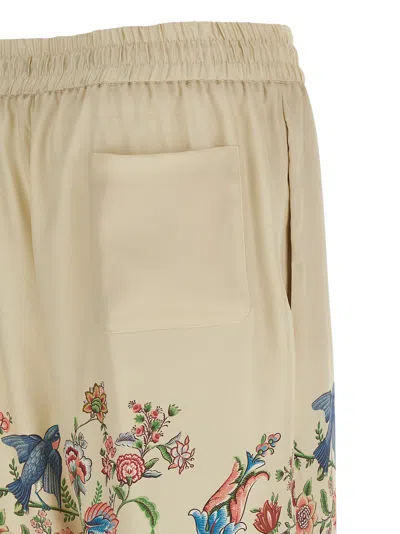 Etro Women White Pants With Elastic Drawstring Waist And All-over Floral Print In Tech Fabric Woman In Multi