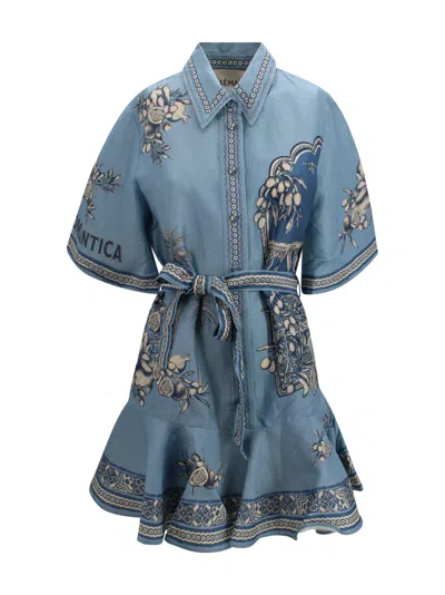 Alemais Villa Romantica Blue Mini Dress With Front Blet And All-over Floral Motif In Linen Blend Woman