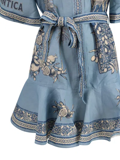 Alemais Villa Romantica Blue Mini Dress With Front Blet And All-over Floral Motif In Linen Blend Woman
