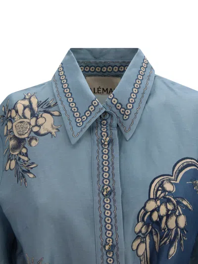 Alemais Villa Romantica Blue Mini Dress With Front Blet And All-over Floral Motif In Linen Blend Woman