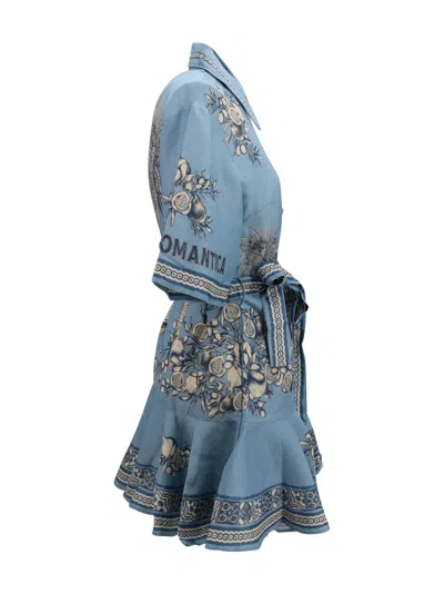 Alemais Villa Romantica Blue Mini Dress With Front Blet And All-over Floral Motif In Linen Blend Woman