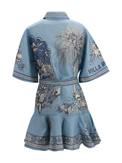 Alemais Villa Romantica Blue Mini Dress With Front Blet And All-over Floral Motif In Linen Blend Woman