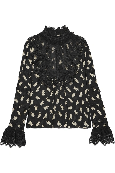 Anna Sui Shadow Cats Lace-paneled Printed Georgette Blouse