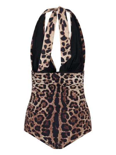 Dolce & Gabbana Women Leopard Printed Sensitive Fabric One-piece Swimsuit In Brown