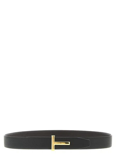 Tom Ford Brown Belt With T-plaque On The Front In Grained Leather Man In Black