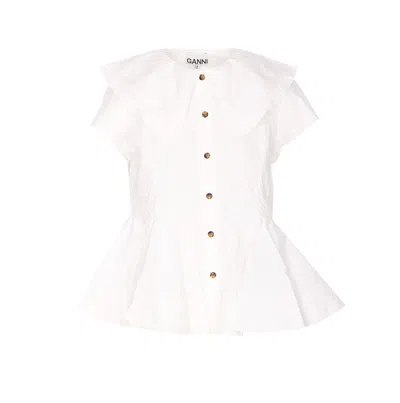 Ganni Peplum Top Short Sleeves Ruffled Collar In Neutral