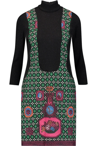 Anna Sui Printed Jacquard And Ribbed-knit Turtleneck Mini Dress