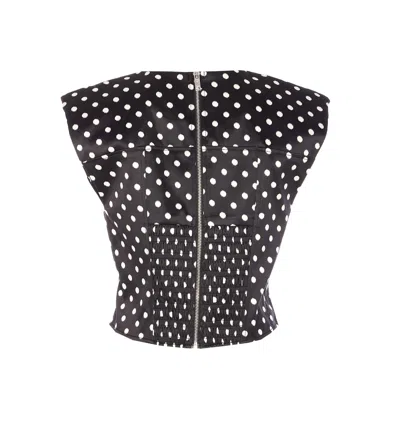 Ganni Womens Black Padded-shoulder Polka-dot Satin Corset Top