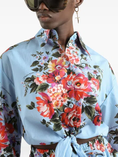Dolce & Gabbana Floral Shirt Collared Neck Long Sleeves Tie Front In Blue