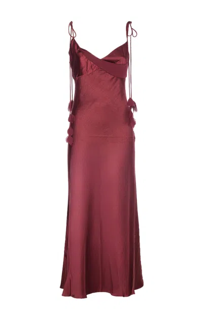Self-portrait Bordeaux Long Dress With Knotted Shoulder Straps And Floral Details In Fabric Woman In Burgundy