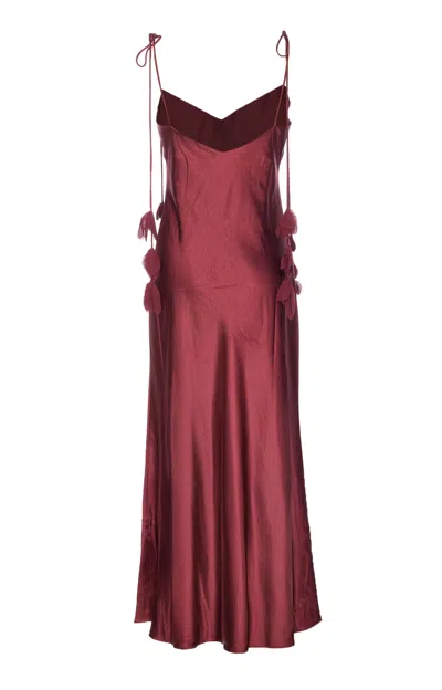 Self-portrait Bordeaux Long Dress With Knotted Shoulder Straps And Floral Details In Fabric Woman In Burgundy