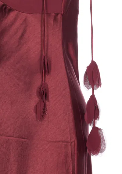 Self-portrait Bordeaux Long Dress With Knotted Shoulder Straps And Floral Details In Fabric Woman In Burgundy