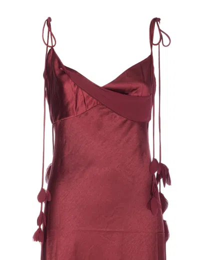 Self-portrait Bordeaux Long Dress With Knotted Shoulder Straps And Floral Details In Fabric Woman In Burgundy