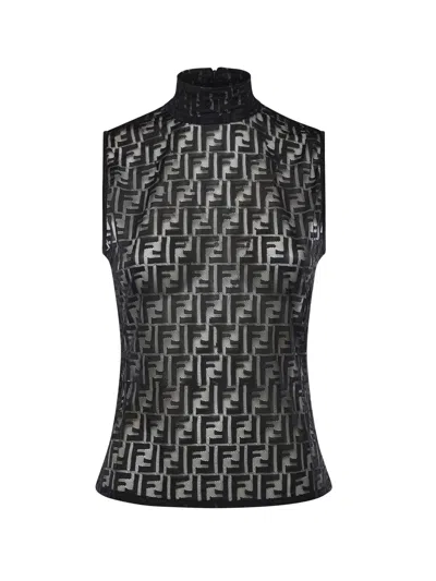 Fendi Women Black Crewneck Sleeveless Top With All-over Ff Motif And Rear Zip Closure In Tech Fabric