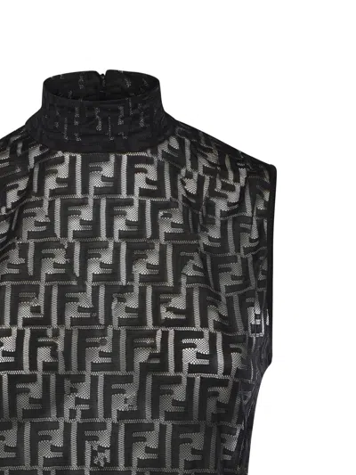 Fendi Women Black Crewneck Sleeveless Top With All-over Ff Motif And Rear Zip Closure In Tech Fabric