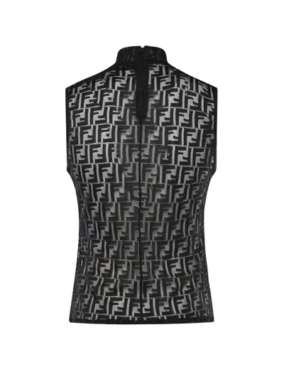 Fendi Women Black Crewneck Sleeveless Top With All-over Ff Motif And Rear Zip Closure In Tech Fabric