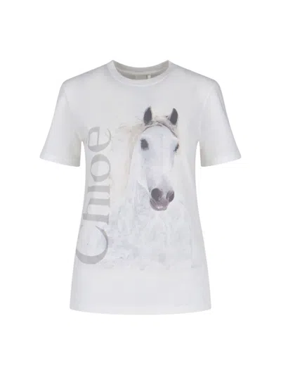 Chloé Cotton Crew Neck Graphic Short Sleeve T-shirt In White