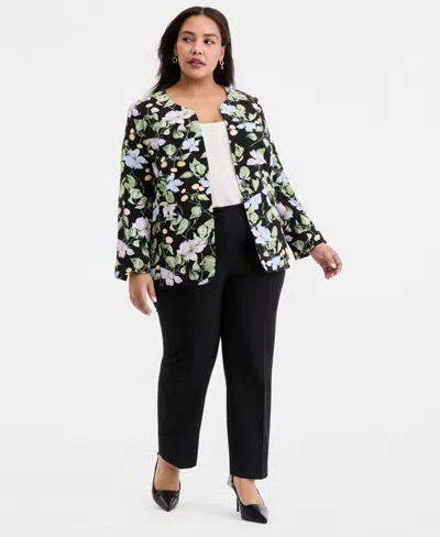 Kasper Plus Size Floral Print Open-front Jacket In Multi