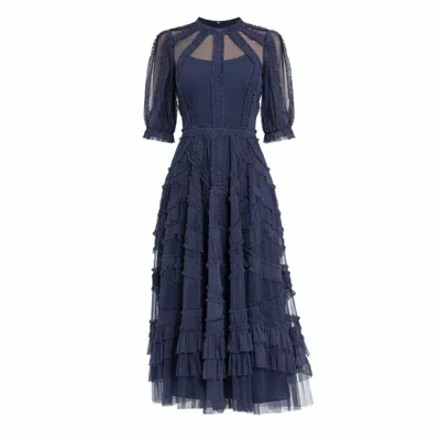 Mac Duggal High Neck Puff Sleeve Ruffle Tiered Dress In Midnight