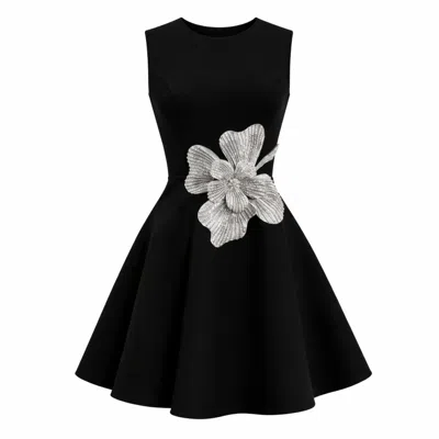 Mac Duggal Crepe Sleeveless Rhinestone Flower Detail Mini Dress In Black