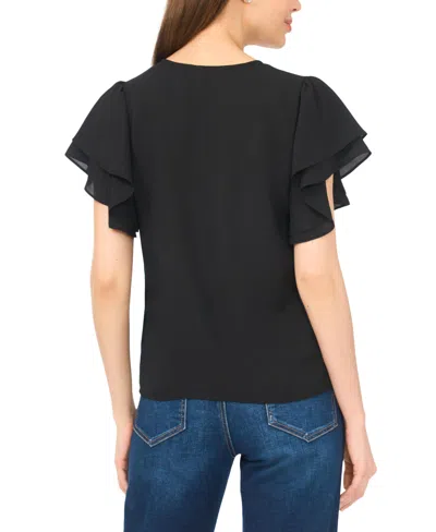 Cece Double Flutter Sleeve V-neck Top In Black