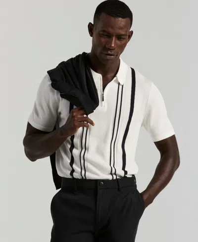 Perry Ellis Men's Cotton Modal Striped Zip Sweater Polo In White
