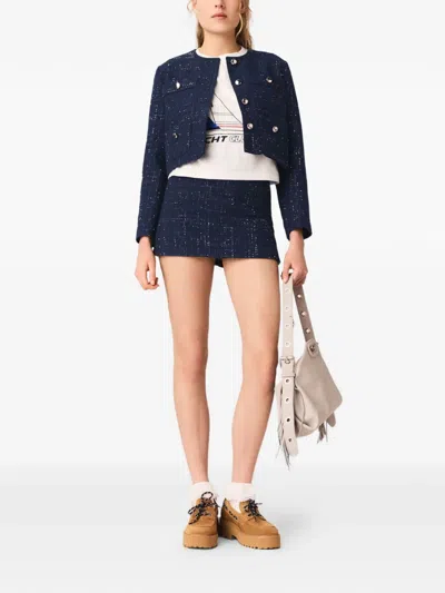 Maje Buttoned Tweed Blazer In Blue