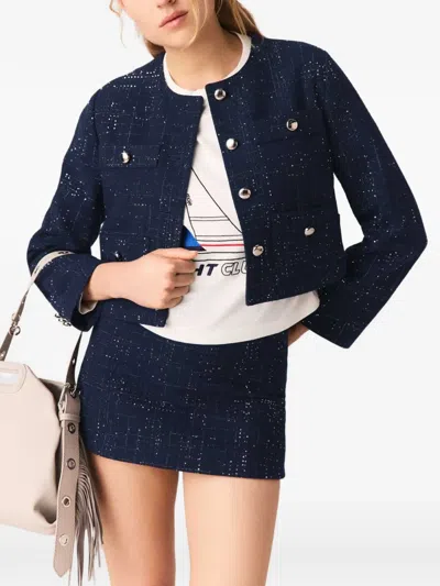 Maje Buttoned Tweed Blazer In Blue