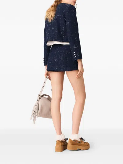 Maje Buttoned Tweed Blazer In Blue