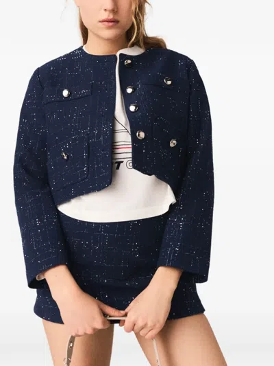 Maje Buttoned Tweed Blazer In Blue
