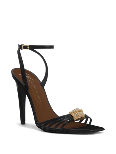 Giuseppe Zanotti Sunset Glow Rhinestone Brooch Strappy Leather Sandals In Black
