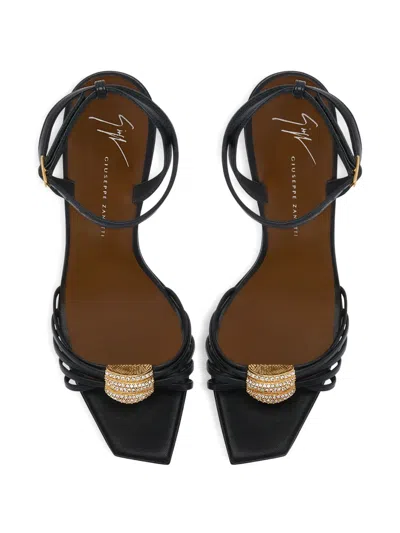 Giuseppe Zanotti Sunset Glow Rhinestone Brooch Strappy Leather Sandals In Black