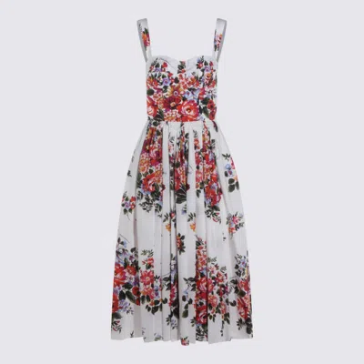 Dolce & Gabbana White Cotton Midi Dress With Floral Print Dolce E Gabbana In Multi