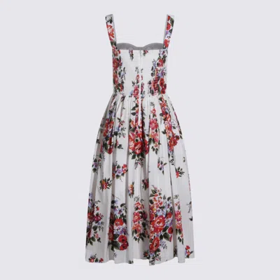 Dolce & Gabbana White Cotton Midi Dress With Floral Print Dolce E Gabbana In Multi