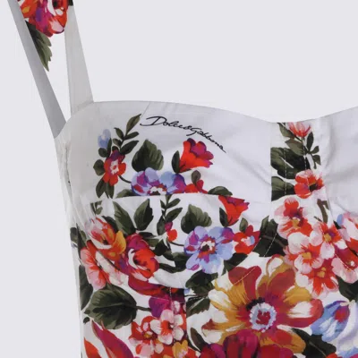 Dolce & Gabbana White Cotton Midi Dress With Floral Print Dolce E Gabbana In Multi