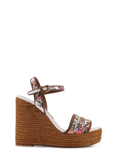 Dolce & Gabbana Leather-trimmed Embroidered Canvas Platform Wedge Sandals In Brown