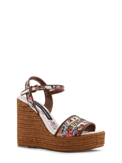 Dolce & Gabbana Leather-trimmed Embroidered Canvas Platform Wedge Sandals In Brown