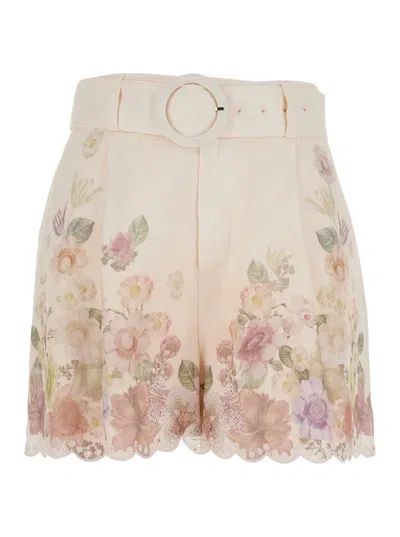 Twinset Beige Shorts With Floral Print And Waist Belt In Linen Woman In Neutral