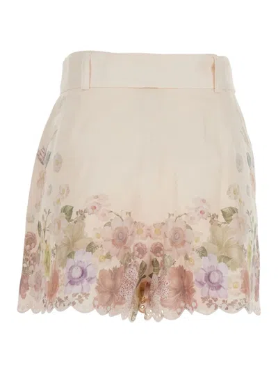 Twinset Beige Shorts With Floral Print And Waist Belt In Linen Woman In Neutral